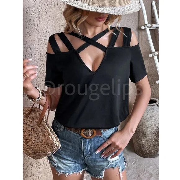 Black Short Sleeve Tee Shirt Top Cold Shoulder Criss Cross Straps - Picture 5 of 7